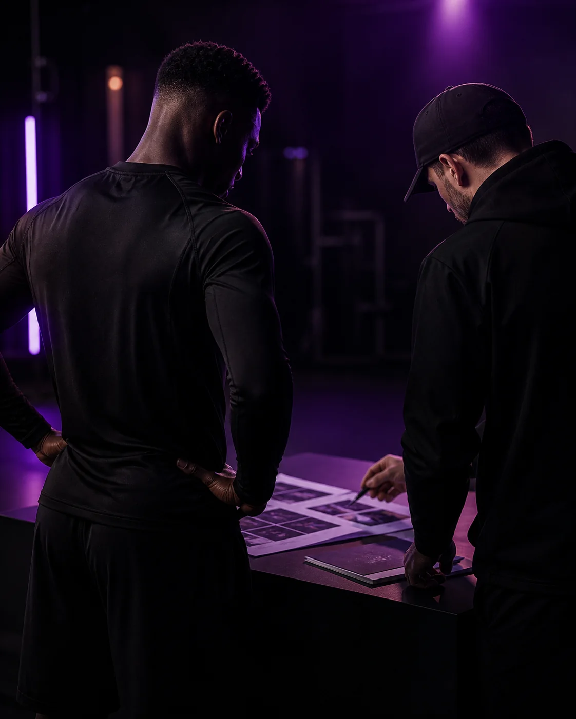 Athlete and strategist reviewing a career plan in a private studio.