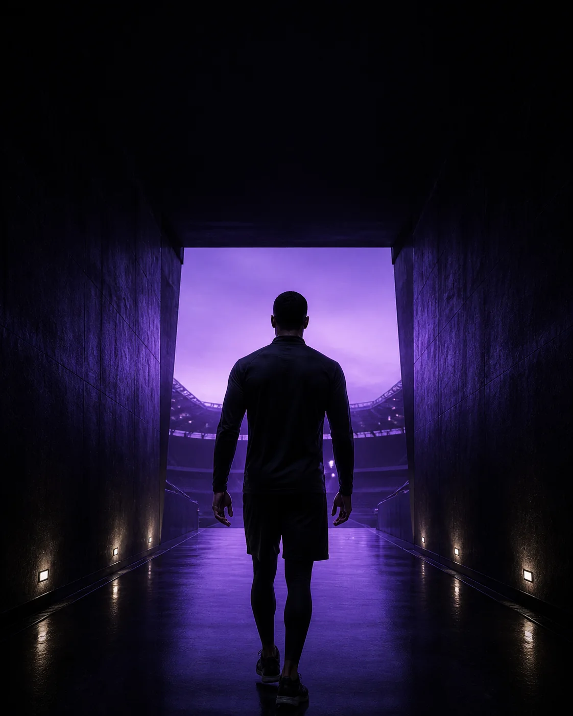 Athlete walking through a stadium tunnel towards the light.