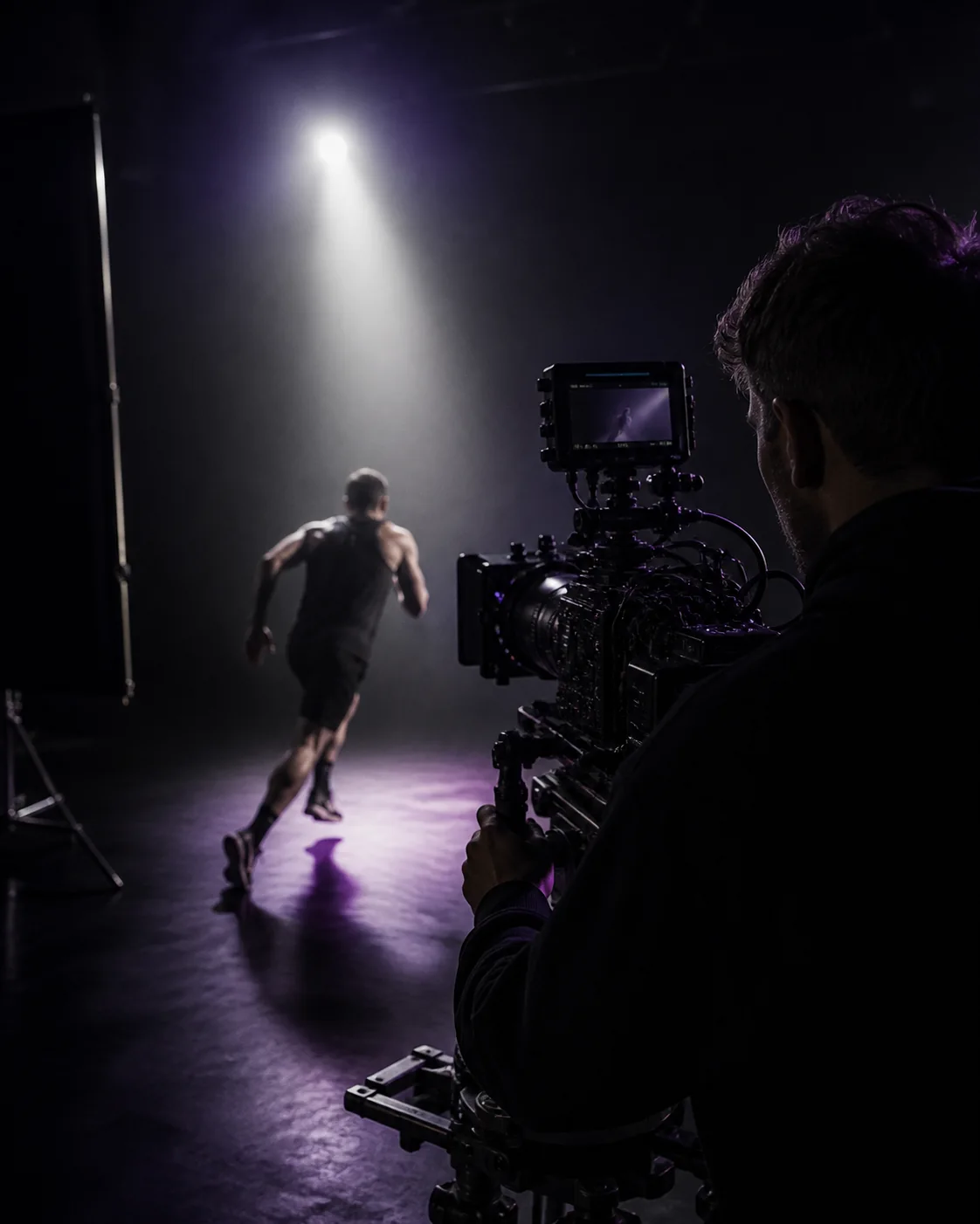 High-end production crew filming an athlete moving through a spotlight.