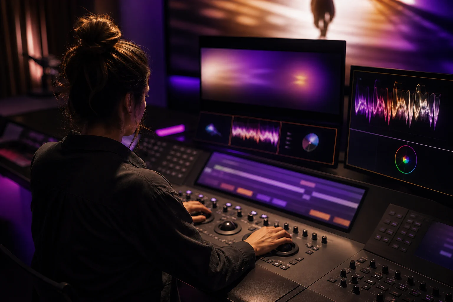 Editor colour grading an athlete campaign in a premium post-production suite.