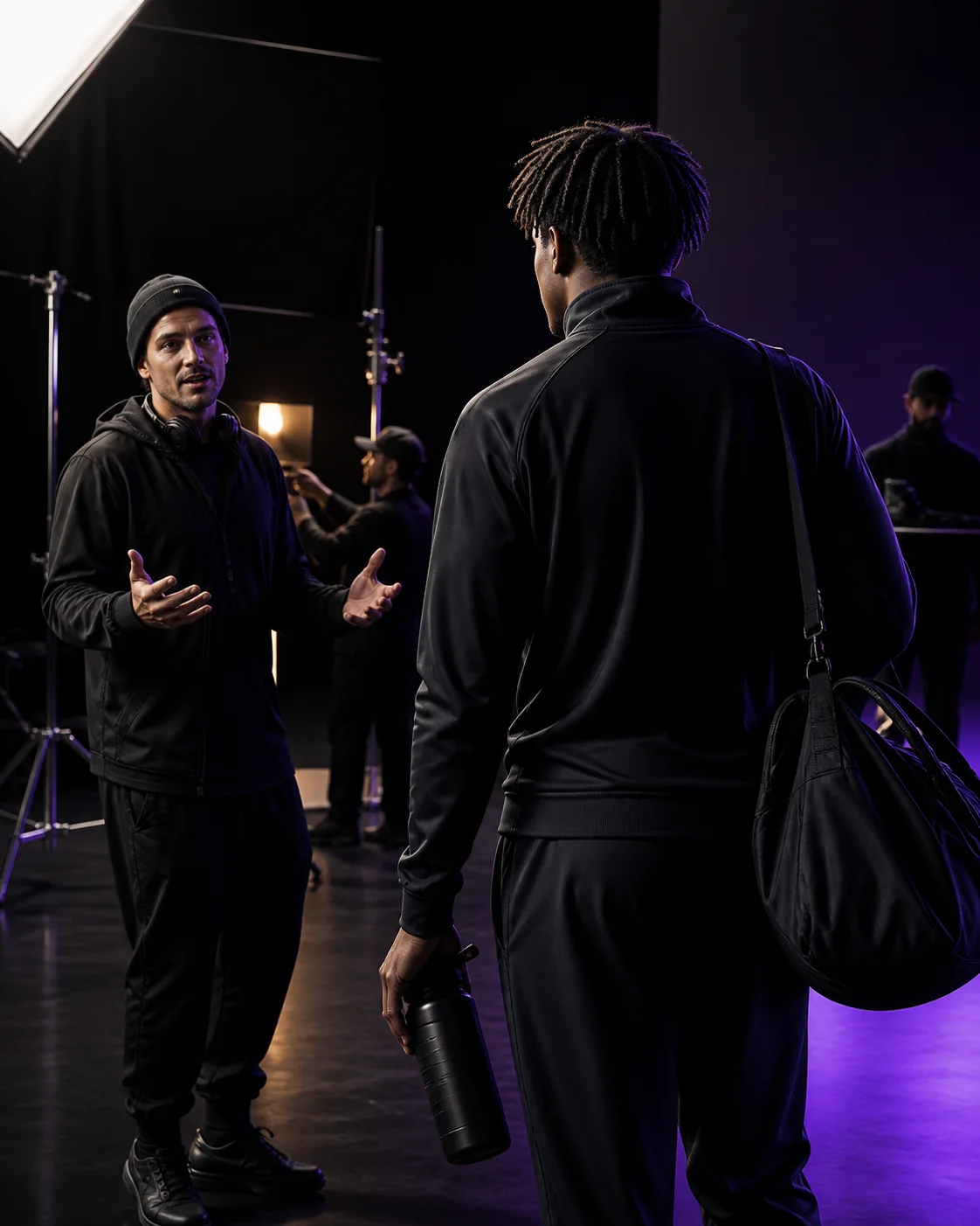 Athlete and producer discussing a commercial campaign on set.