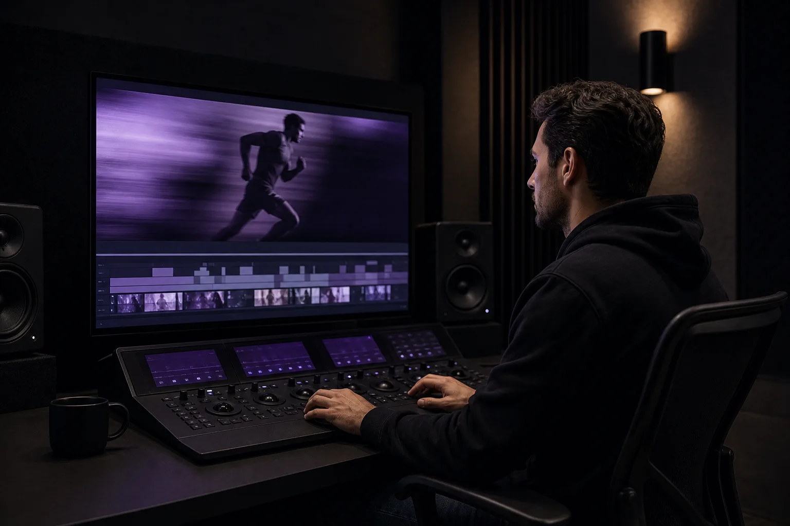Editor finishing an athlete campaign in a professional post-production suite
