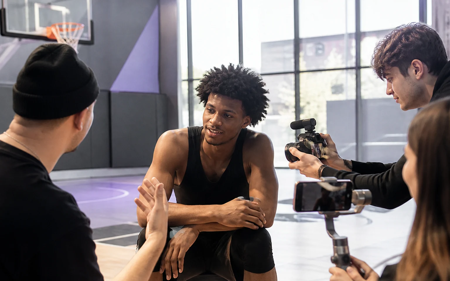 Basketball athlete working with a social content production team.